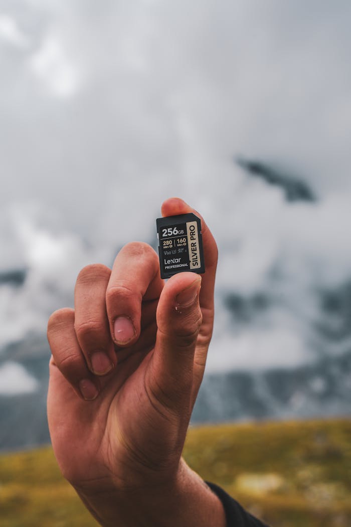 Close-up of a hand holding 256GB SD card in a scenic cloudy outdoor setting.